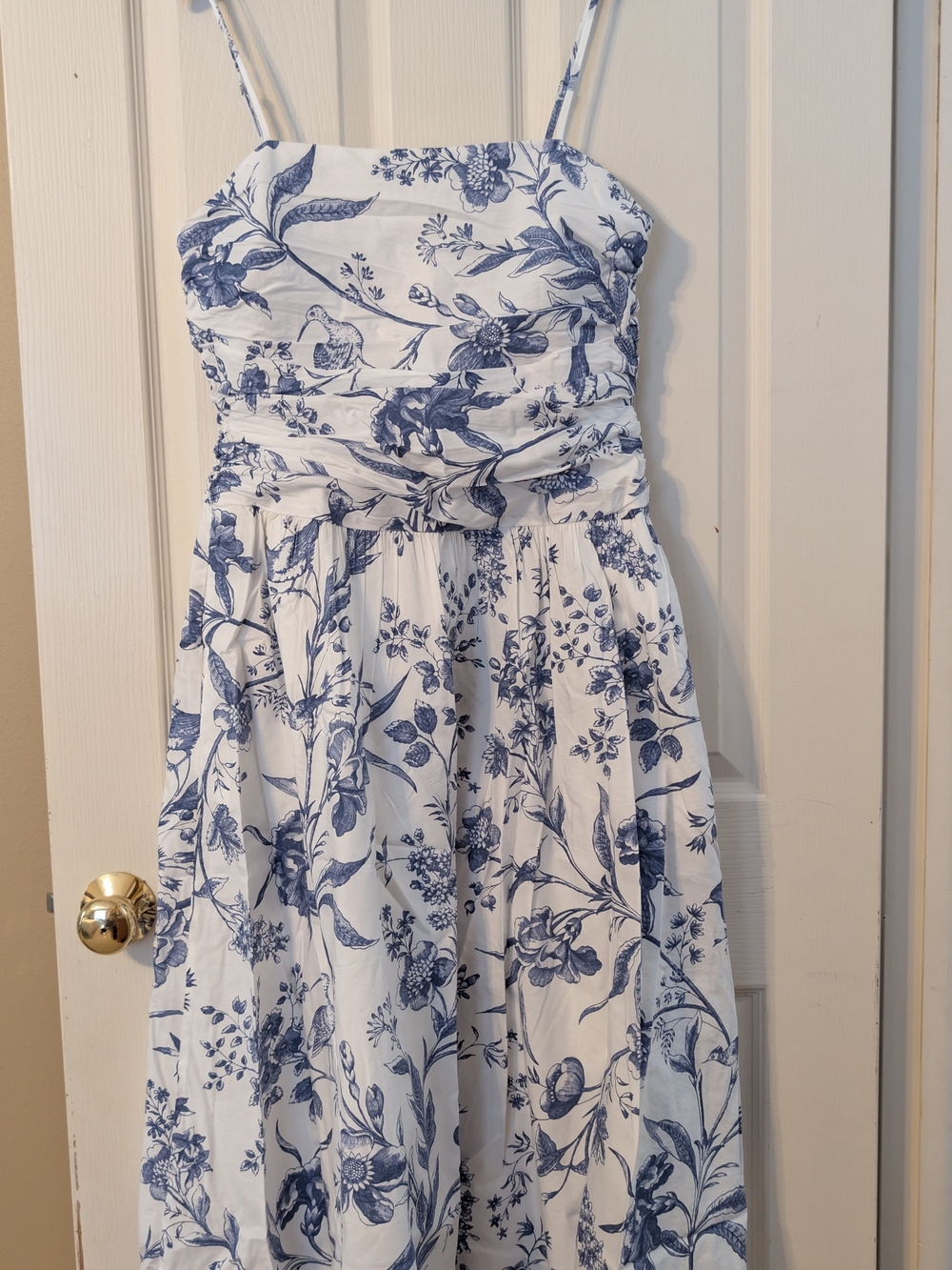 LOFT White Midi Dress with Blue Botanical Print